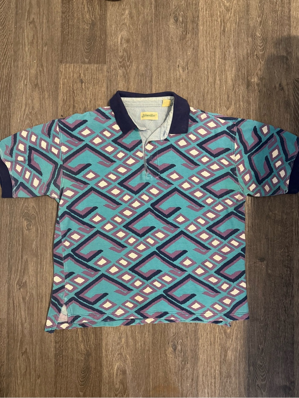 Men’s St. John’s Bay True Vintage Geometric Polo Shirt in Teal & Purple